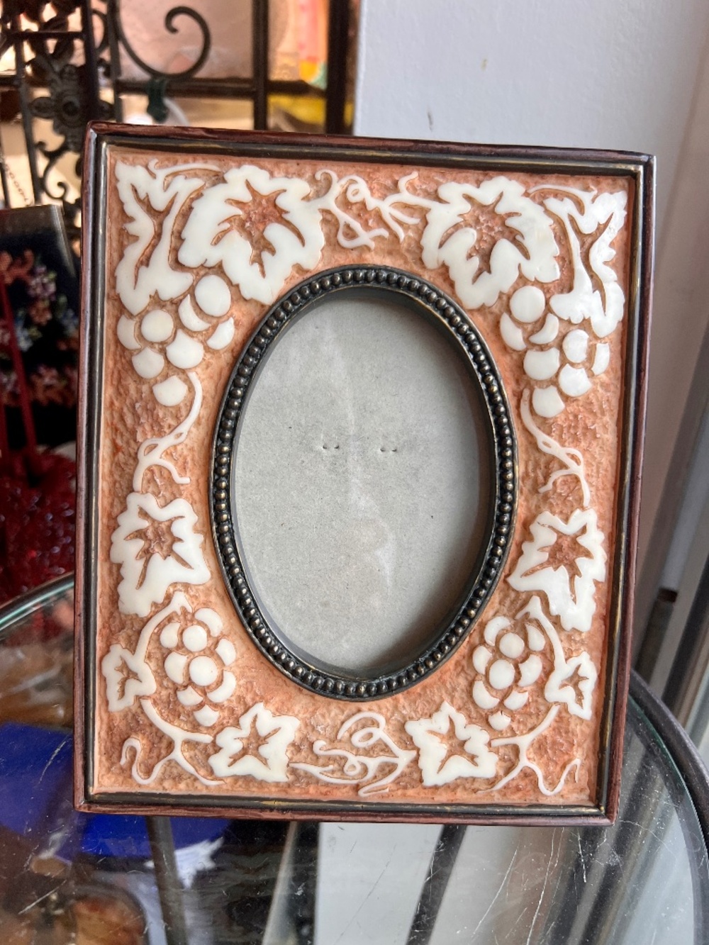 Unique vintage terracotta grapevine picture bone graved frame